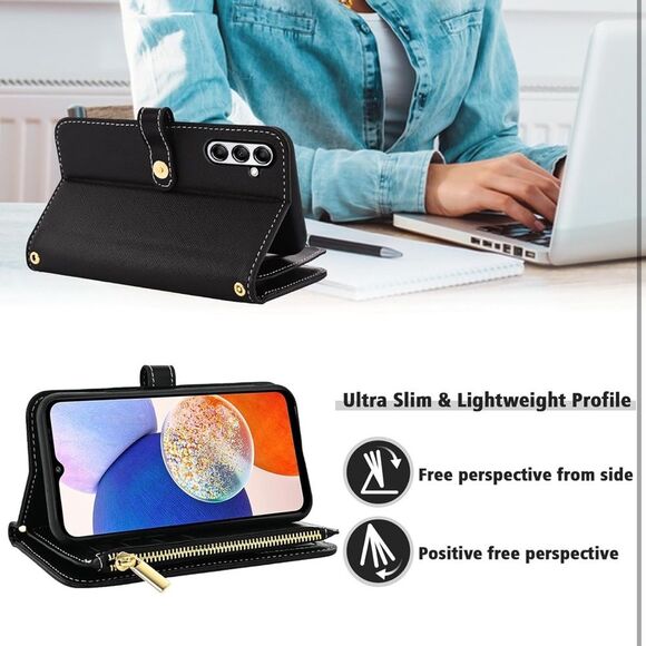 Samsung Galaxy A14 M14 5G Wallet Case Floral Wristlet Black Card Holder FC5 - Picture 3 of 8